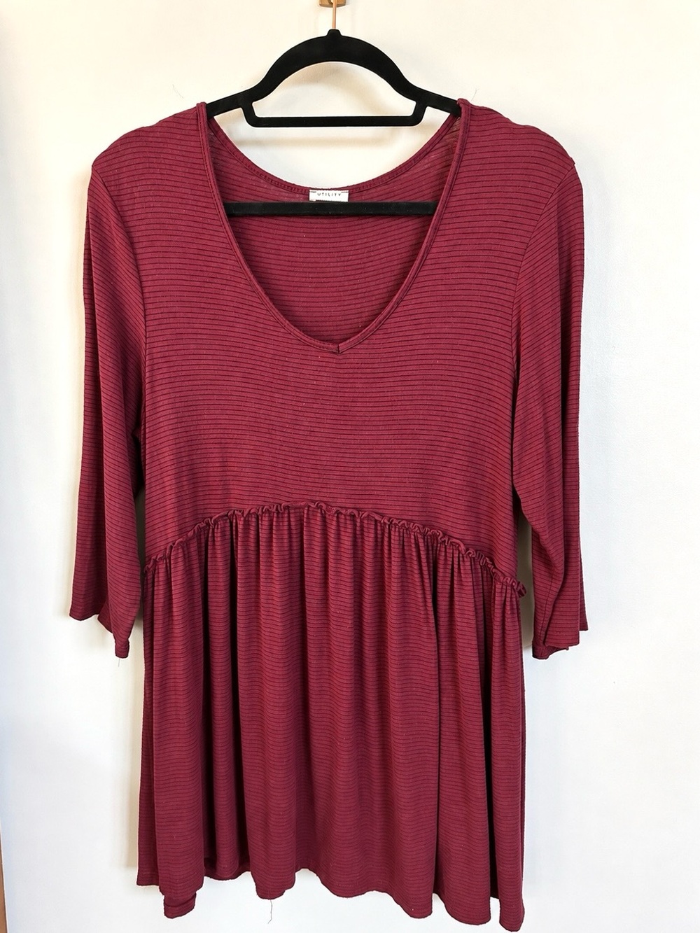Utility Women’s Large Burgundy Stripe Babydoll Tunic Dress 3/4 Sleeve Flowy Boho